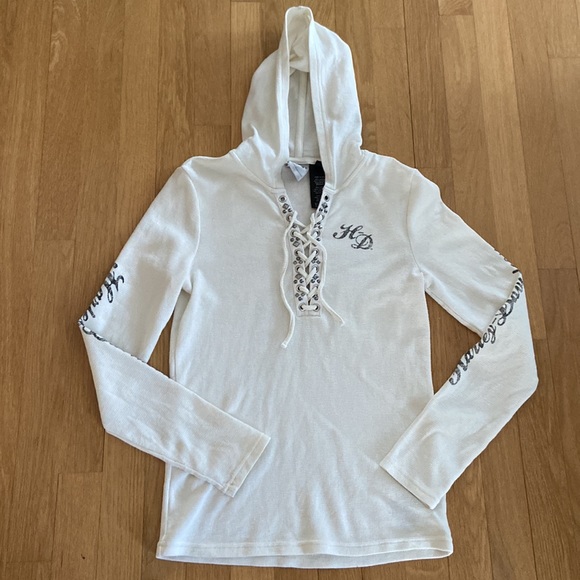 Harley Davidson Waffle Weave Hooded Size Small Top - Picture 6 of 14